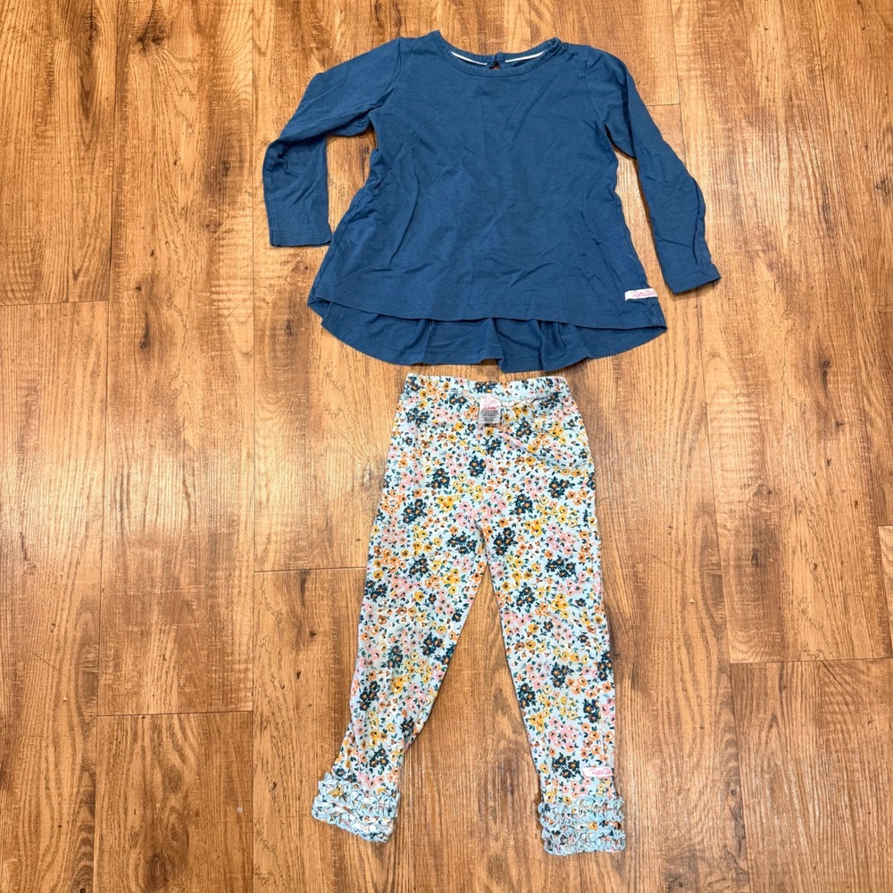 RuffleButts Kids Girls 4T Teal Peplum Tunic and Floral Ruffle Leggings Set 2pc